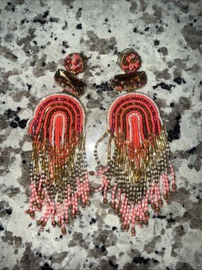 Deepa Gurnani Earrings Coral Beaded Fringe Drop Earrings